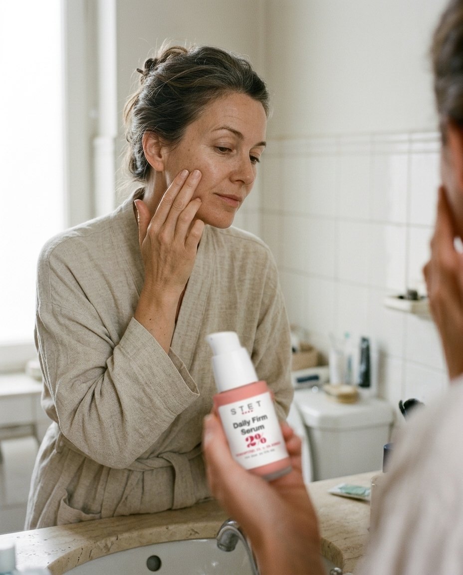 A woman in her 40s pressing Daily Firm Serum into her cheek at the bathroom mirror