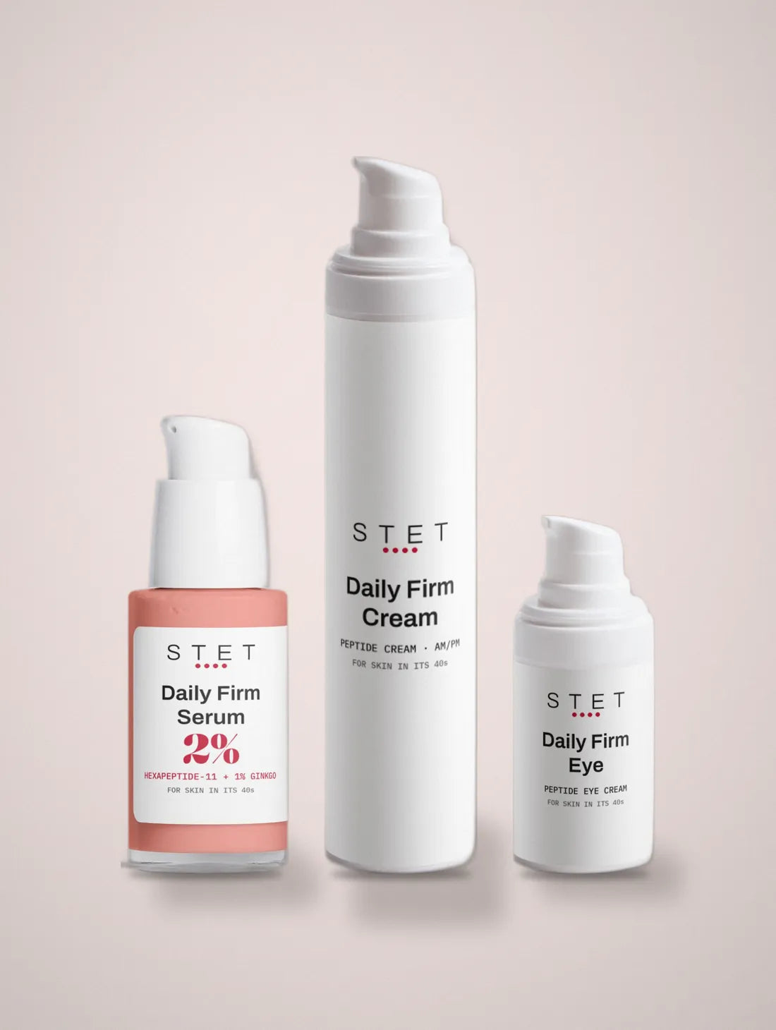 Daily Firm Serum, Eye and Cream on a rose background