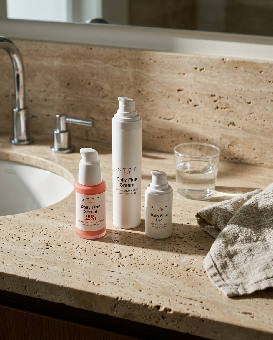 The First Proof Set on a travertine bathroom counter in morning light
